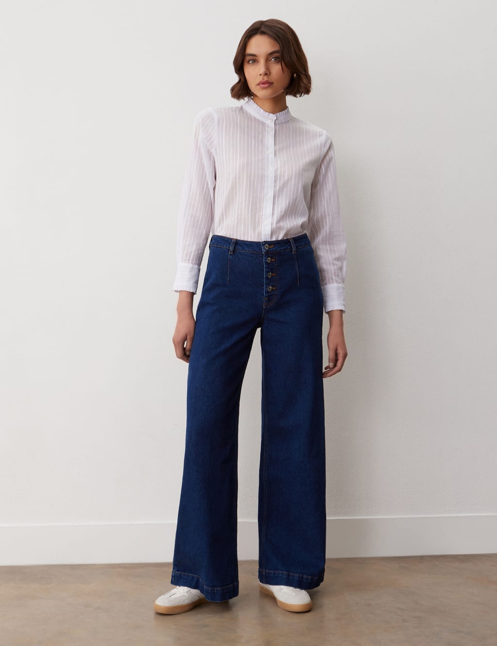 Finery London High Waisted Button Front Wide Leg Jeans Blue Denim