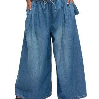Ingrid & Isabel Wide Leg Drawstring Denim Maternity Pants in Med Wash