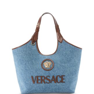 Versace La Medusa Denim & Leather Tote