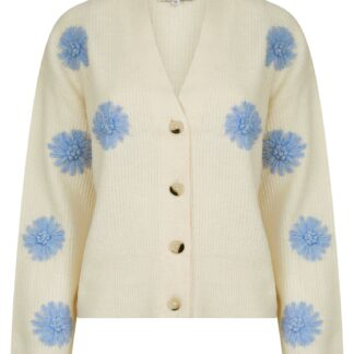 Cardigans Strawflower Women's Drop Shoulder Embroidered V-Neck Rib Knit Cardigan in Ecru - Amara Reya / S - Tokyo Laundry