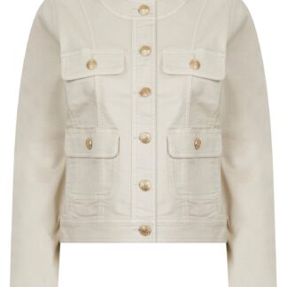 Coats / Jackets Morlich Women's Stretch Cotton Collarless Denim Jacket in Ivory - Amara Reya / 10 - Tokyo Laundry