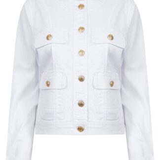 Coats / Jackets Morlich Women's Stretch Cotton Collarless Denim Jacket in Optic White - Amara Reya / 10 - Tokyo Laundry