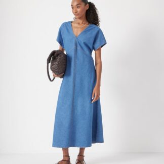 HUSH Denim V-Neck Midi Tea Dress Blue Denim