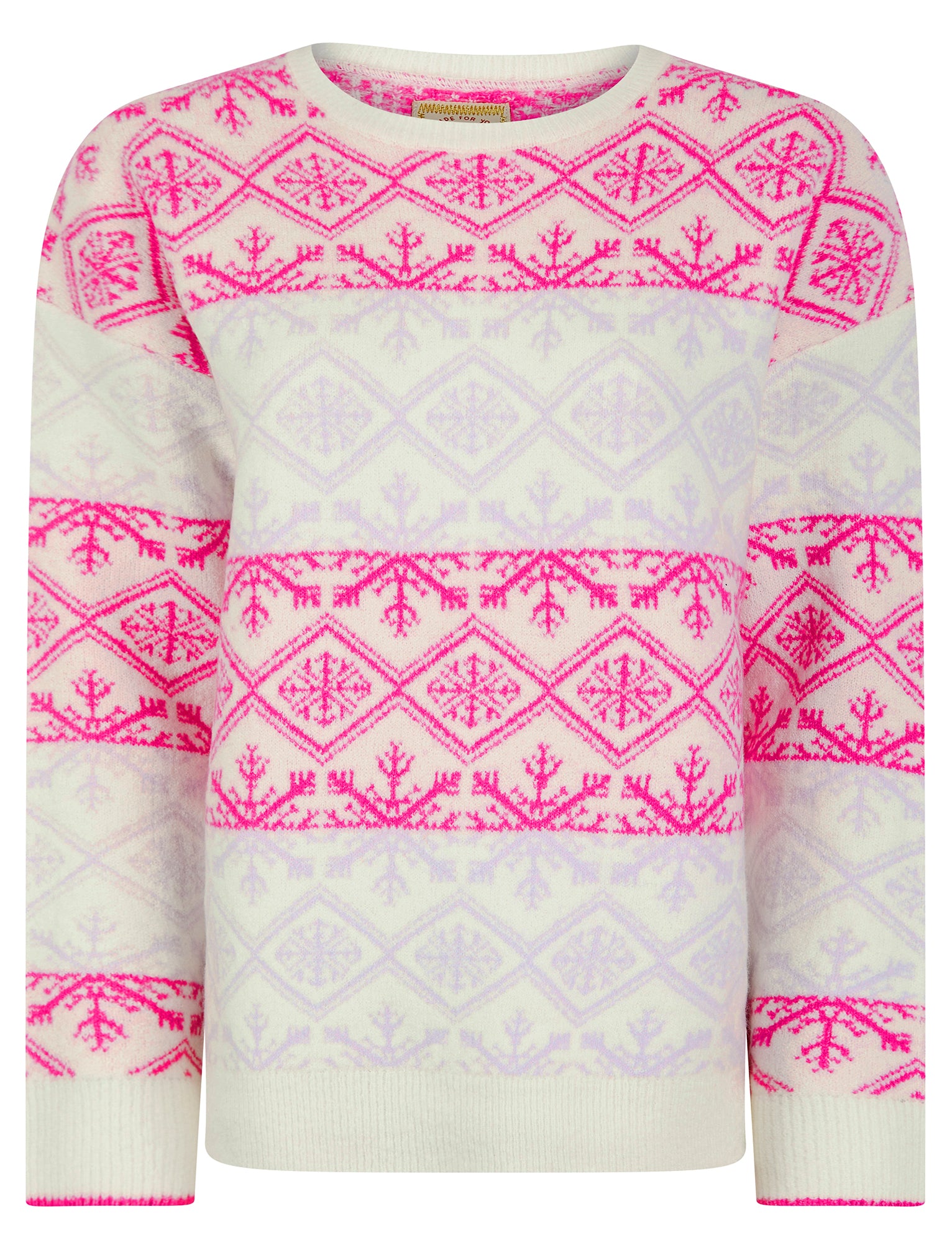 Jumpers Women's Crystal Jacquard Nordic Fair Isle Drop Shoulder Relaxed Fit Christmas Jumper in Ecru - Merry Christmas / 12 - Tokyo Laundry