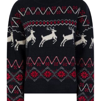 Jumpers Women's Trad Jacquard Nordic Fair Isle Drop Shoulder Relaxed Fit High Neck Christmas Jumper in Ink - Merry Christmas / 12 - Tokyo Laundry