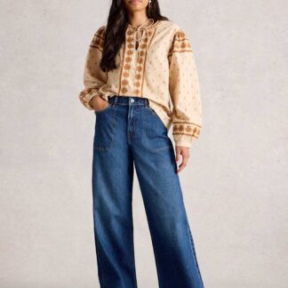 White Stuff Mid Rise Wide Leg Jeans Dark Blue Denim