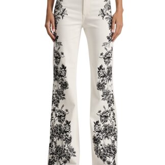 Alice and Olivia High Rise Embroidered Wide Leg Jeans in Off White Black