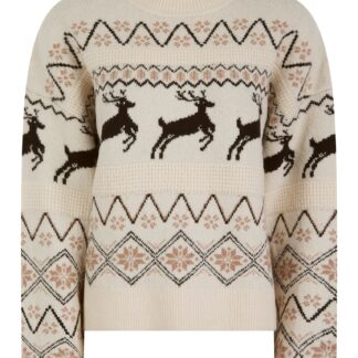 Jumpers Women's Trad Jacquard Nordic Fair Isle Drop Shoulder Relaxed Fit High Neck Christmas Jumper in Ecru - Merry Christmas / 14 - Tokyo Laundry