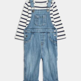 M&S 2pc Pure Cotton Denim Dungaree Outfit (0-3 Yrs) Dark Denim