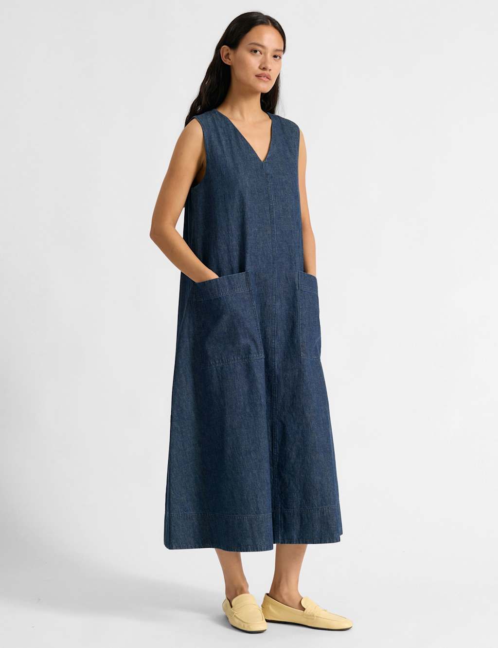 Albaray Denim V-Neck Midi A-Line Swing Dress Indigo