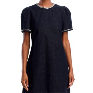Aqua Crystal Denim Short Sleeve Shift Dress - Exclusive