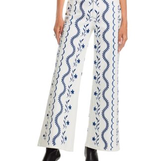 Aqua Embroidered High Rise Wide Leg Jeans in White/Blue - Exclusive
