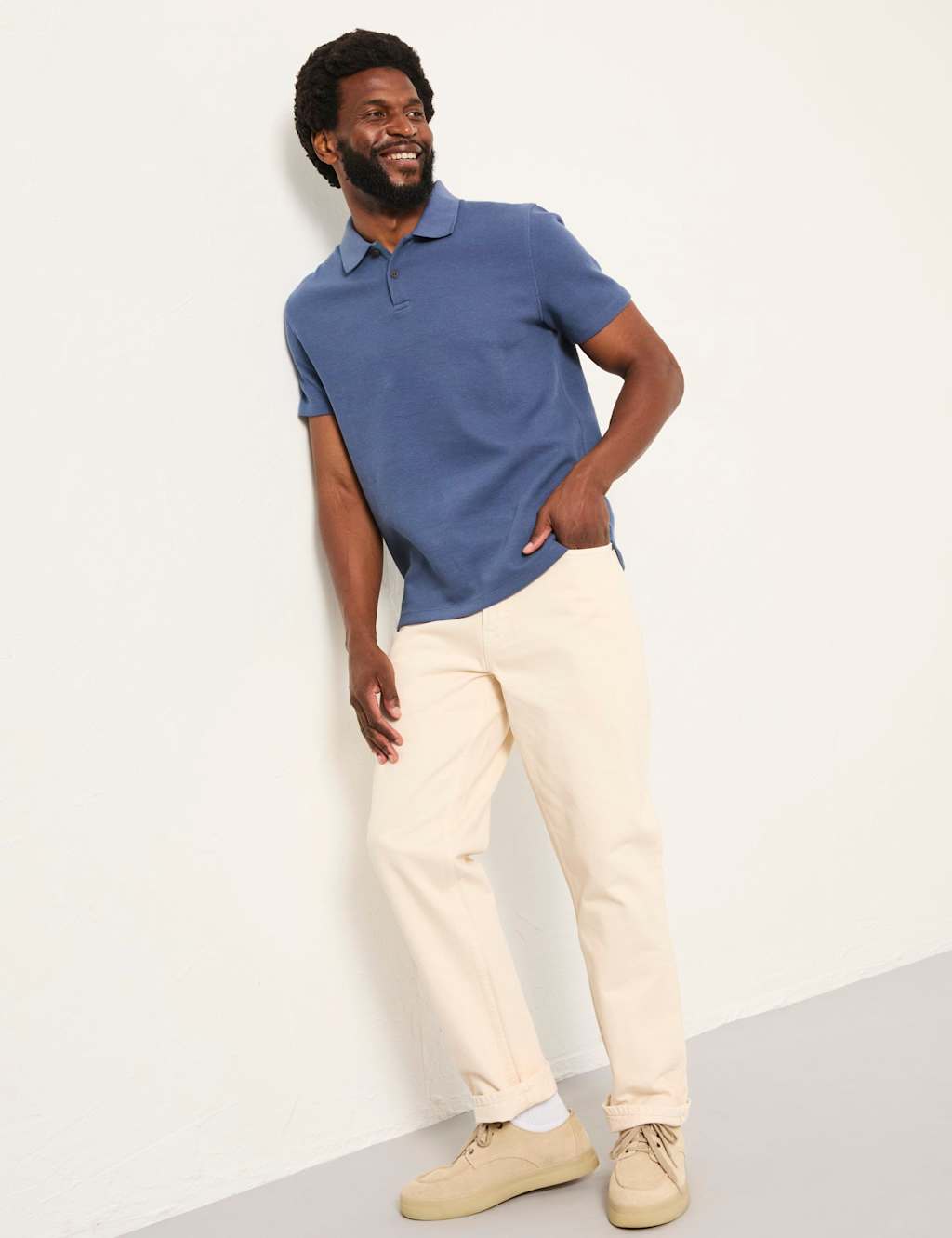 FatFace Cotton Rich Ribbed Polo Shirt Dark Blue Denim
