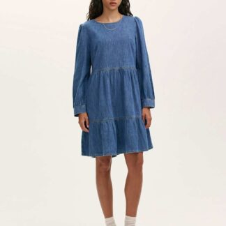 Finery London Denim Round Neck Midi Tiered Dress Light Blue