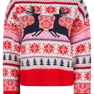 Jumpers Women's Patch Jacquard Nordic Fair Isle Style Drop Shoulder Relaxed Fit Christmas Jumper in Fiery Red - Merry Christmas / 12 - Tokyo Laundry