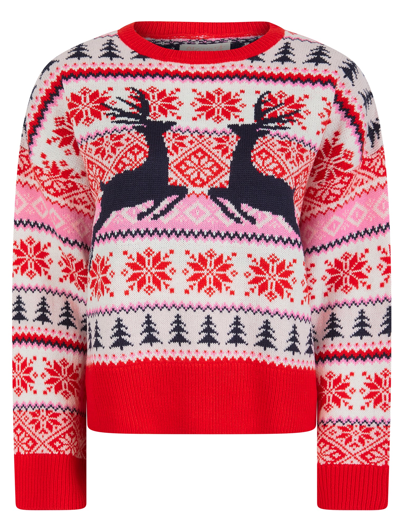Jumpers Women's Patch Jacquard Nordic Fair Isle Style Drop Shoulder Relaxed Fit Christmas Jumper in Fiery Red - Merry Christmas / 12 - Tokyo Laundry