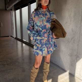 Never Fully Dressed Paisley Denim Belted Shacket Blue Mix