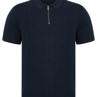 Polo Shirts Harvers Knitted Cotton Textured Stripe Polo Shirt with Zip Fasten Collar in Mood Indigo - Kensington Eastside / M - Tokyo Laundry