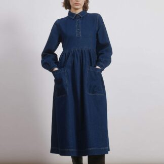 Albaray Pure Cotton Denim Collared Midi Shirt Dress Dark Blue Denim