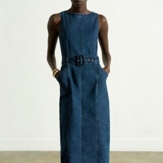 Arywoode Denim Belted Midi Dress Dark Indigo