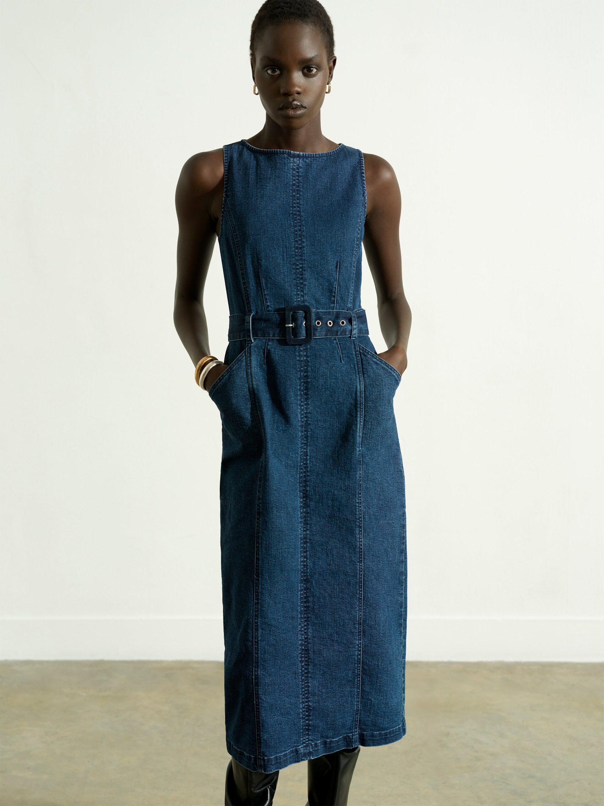 Arywoode Denim Belted Midi Dress Dark Indigo