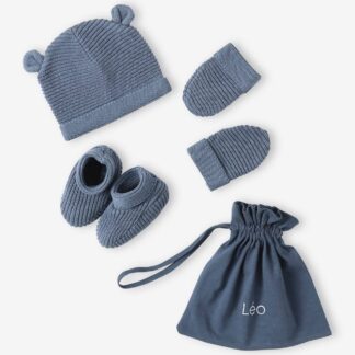 Beanie, Mittens & Booties Set, Matching Pouch, for Newborn Babies denim blue