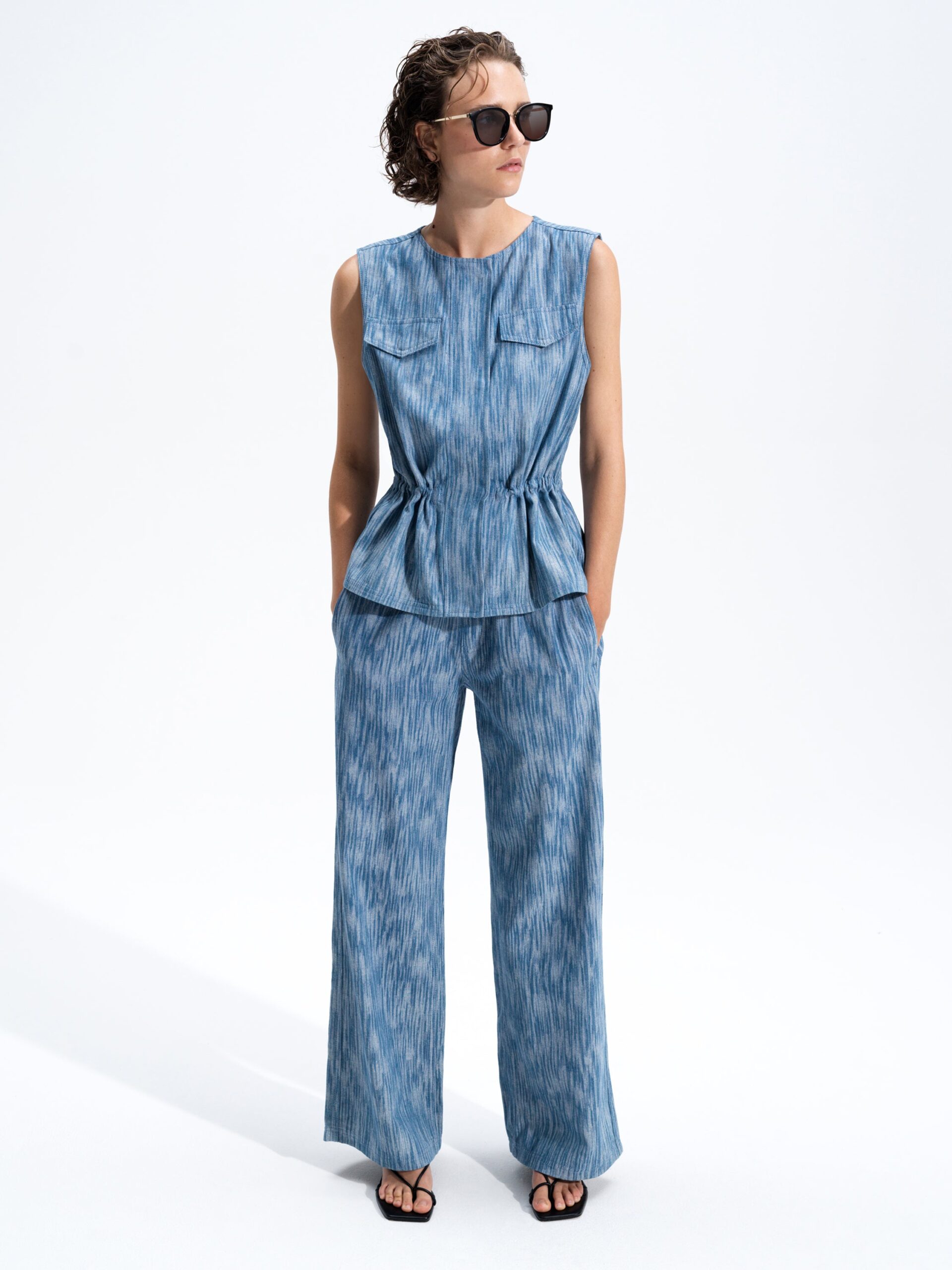Bessie Textured Denim Wide Leg Trousers Mid Blue