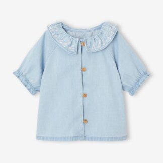 Blouse in Light Denim with Embroidered Collar for Babies bleached denim