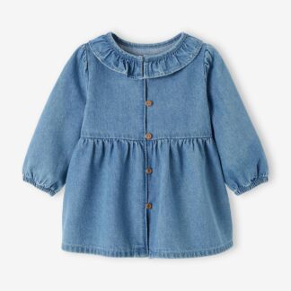 Denim Dress with Ruffled Collar for Babies stone