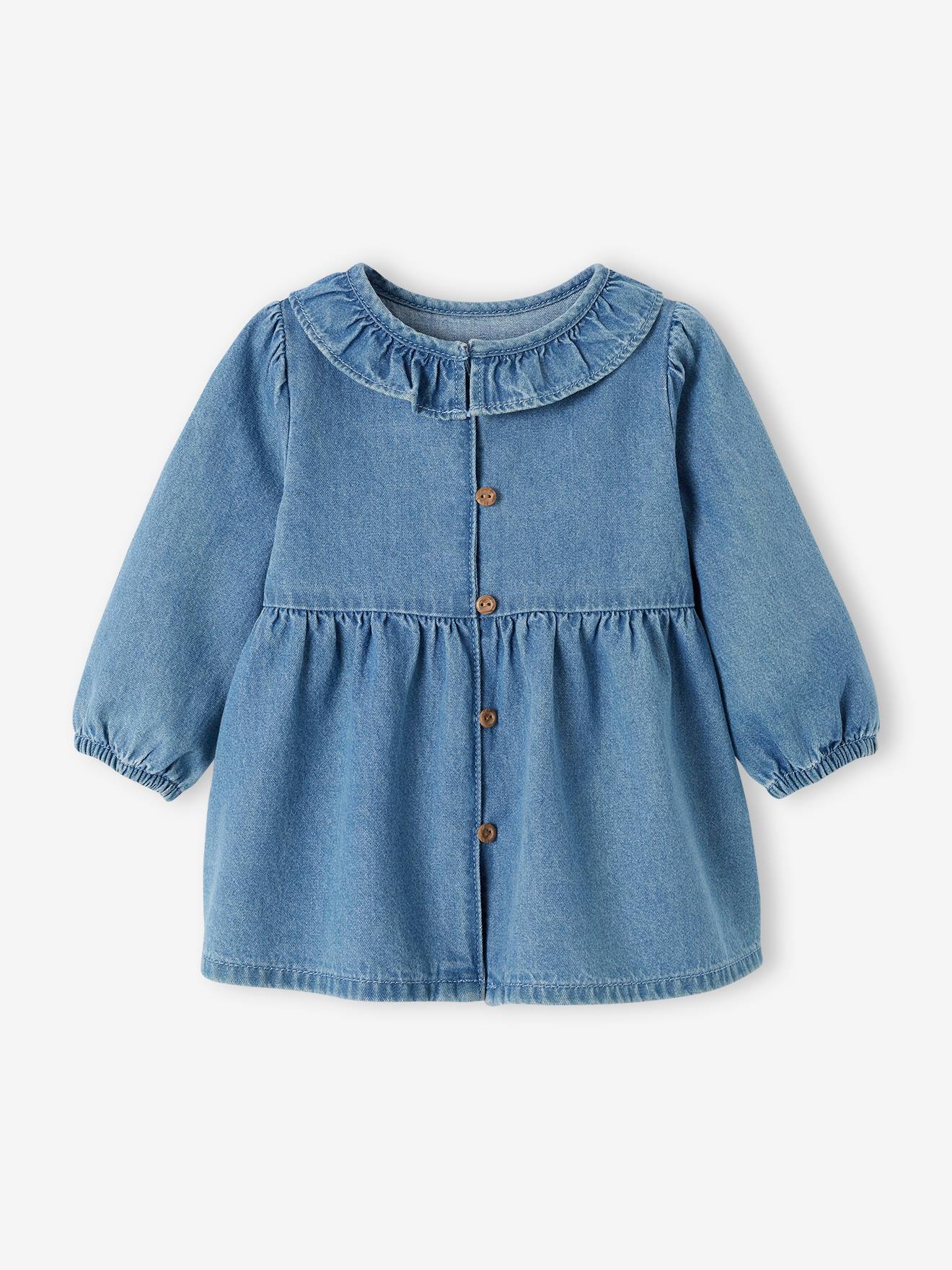 Denim Dress with Ruffled Collar for Babies stone