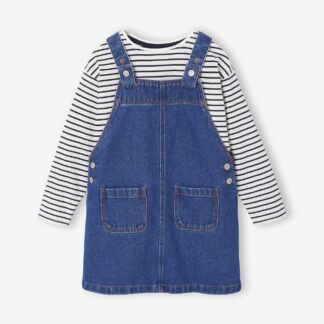 Denim Dungaree Dress & Striped T-Shirt Set for Girls medium blue