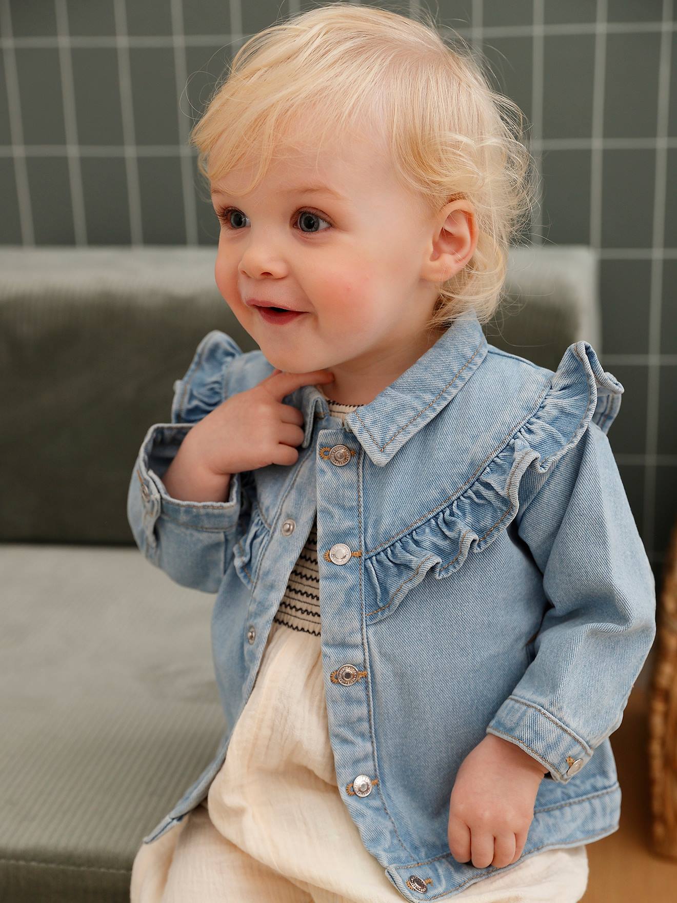 Denim Jacket with Ruffles for Babies bleached denim