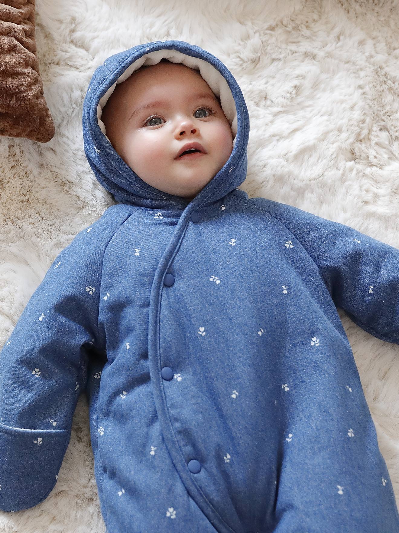 Denim Pramsuit with All-Over Print, for Newborns stone