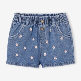 Denim Shorts with Embroidered Daisies, for Babies stone