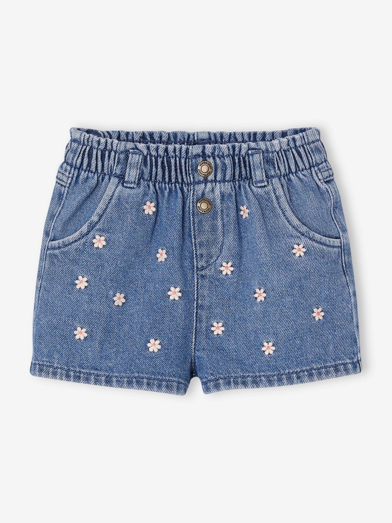 Denim Shorts with Embroidered Daisies, for Babies stone