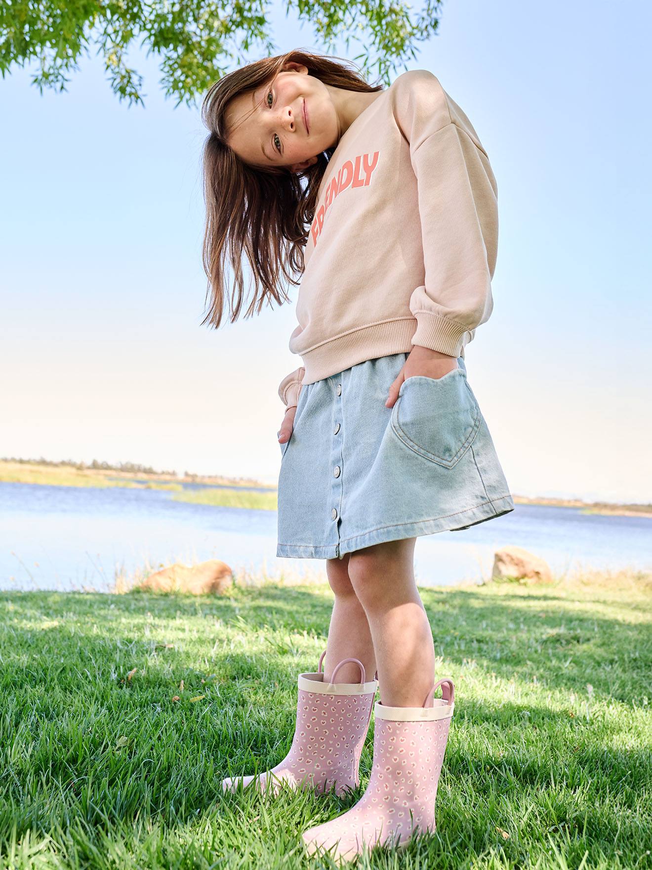 Denim Skirt with Heart Pocket for Girls bleached denim