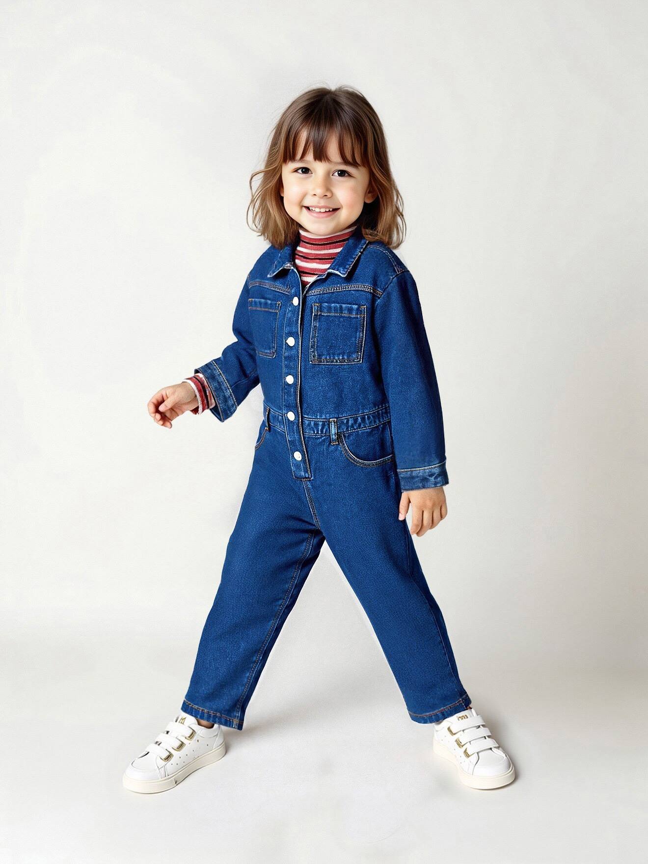Denim Worker-Style Jumpsuit for Girls medium blue