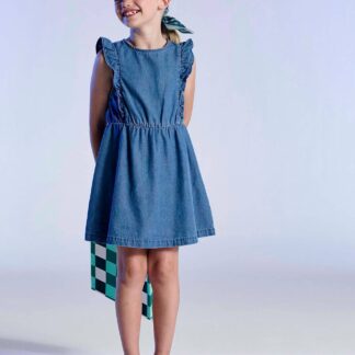 Denim frill dress for girls stone
