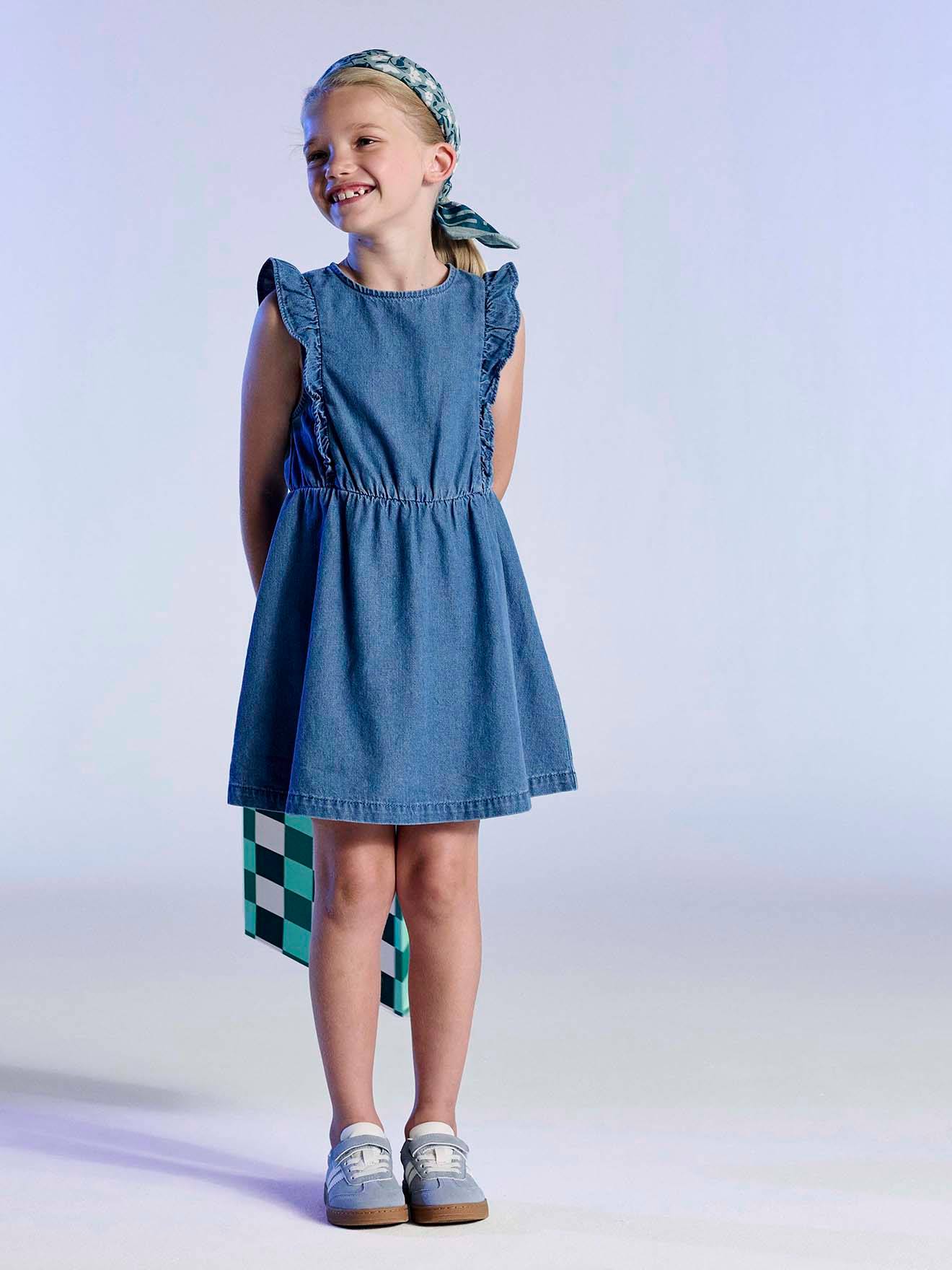 Denim frill dress for girls stone