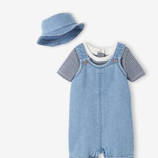Dungarees, Bodysuit and Bucket Hat Combo for Newborns bleached denim