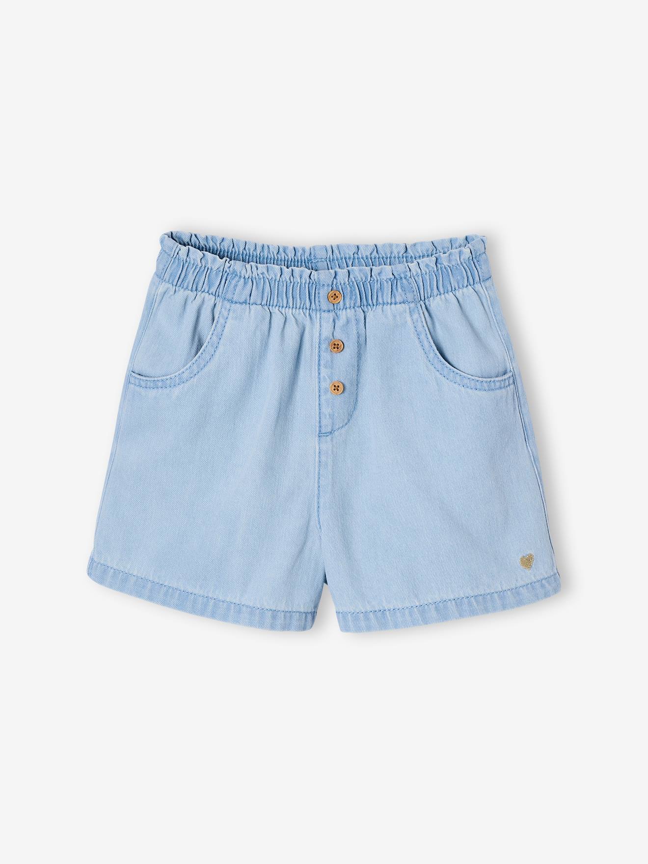 Easy-to-Put-On Light Denim Shorts, for Girls bleached denim