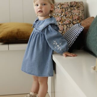 Embroidered denim baby dress stone