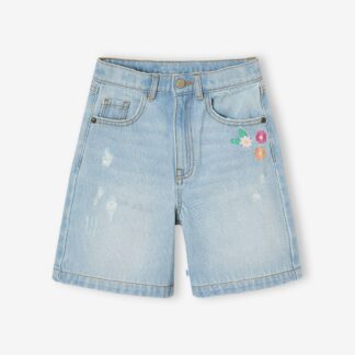 Embroidered floral denim shorts light blue