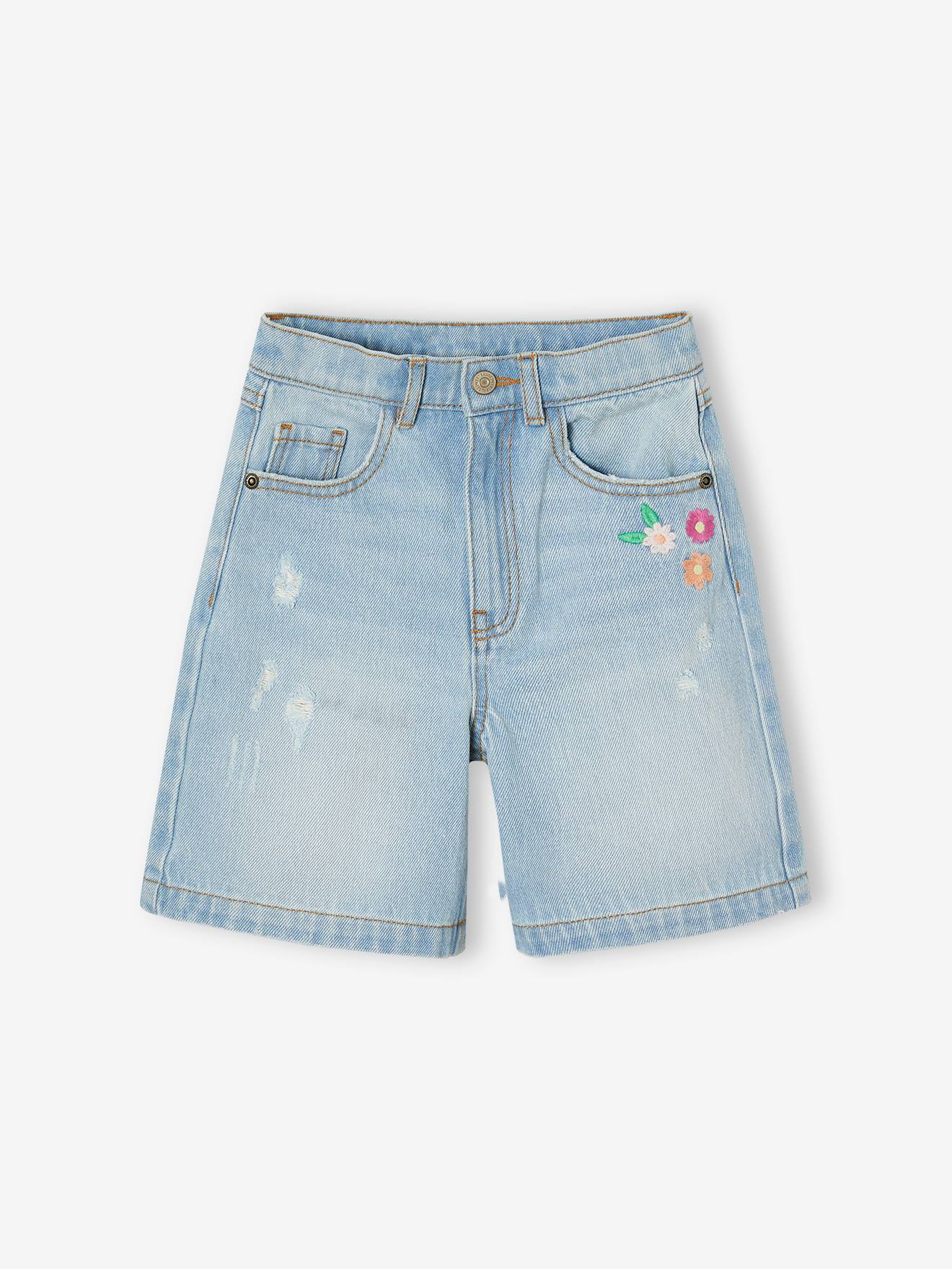 Embroidered floral denim shorts light blue