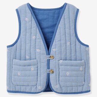Gingham embroidered CYRILLUS girl's sleeveless quilted jacket chequered blue