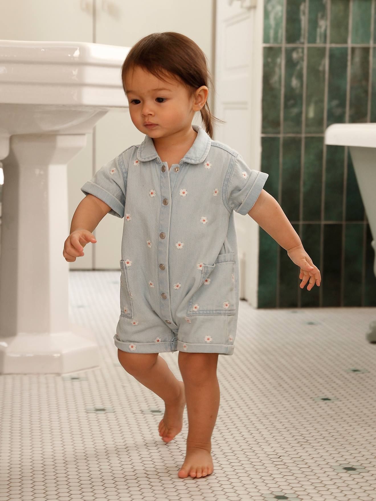 Girl's denim playsuit bleached denim