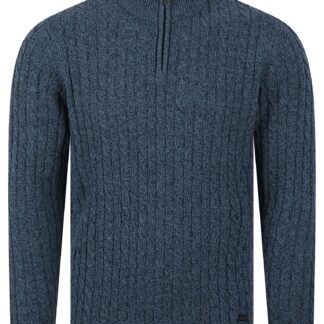 Jumpers Darren Recycled Cotton Chunky Cable Knit Quarter Zip Funnel Neck Jumper in Denim Twist / XL - Tokyo Laundry
