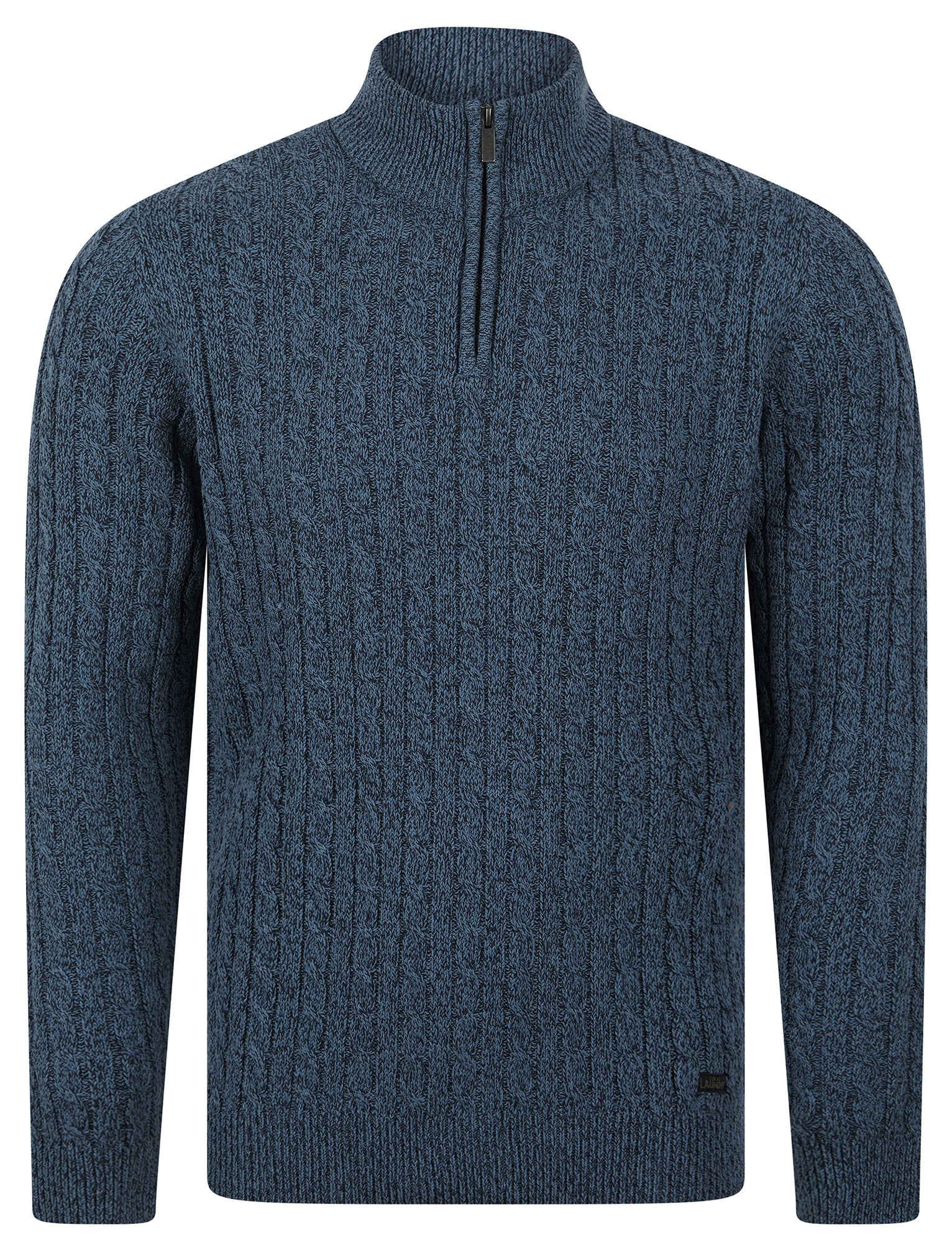 Jumpers Darren Recycled Cotton Chunky Cable Knit Quarter Zip Funnel Neck Jumper in Denim Twist / XL - Tokyo Laundry