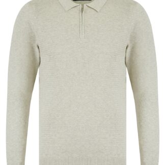Jumpers Kemper Long Sleeve Knitted Cotton Textured Basket Weave Polo Shirt with Zip Fasten Collar in Oatgrey Marl - Kensington Eastside / XXL - Tokyo Laundry