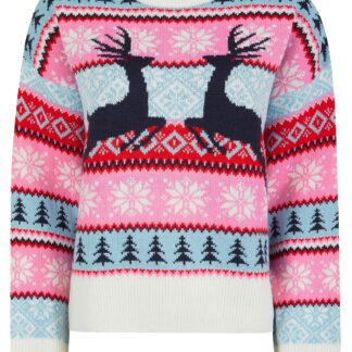 Jumpers Women's Patch Jacquard Nordic Fair Isle Style Drop Shoulder Relaxed Fit Christmas Jumper in Ecru - Merry Christmas / 16 - Tokyo Laundry